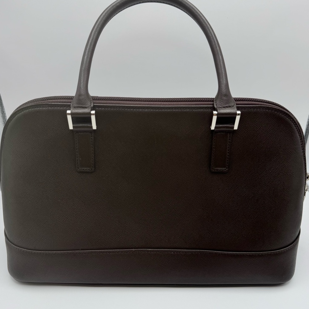 Burberry Brown Saffiano Leather Briefcase Top Handle Bag Nova Check Zip - Picture 7 of 10
